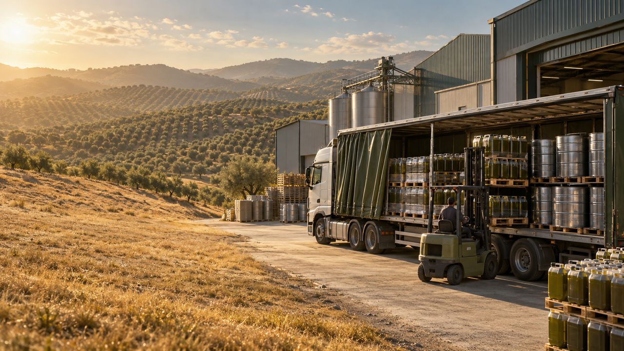 Camión cargando palets de aceite junto a naves entre olivares de Jaén